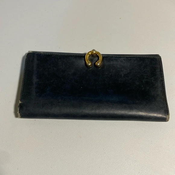 GUCCI VINTAGE HORSEBIT LEATHER BLUE WALLET - Picture 1 of 16